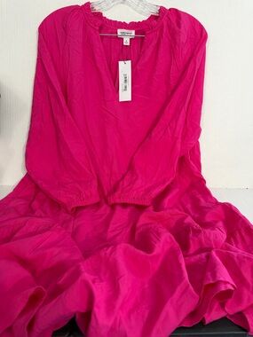 Caralynmirand The Drop Hot Pink Long Sleeve V-Neck Tiered Dress